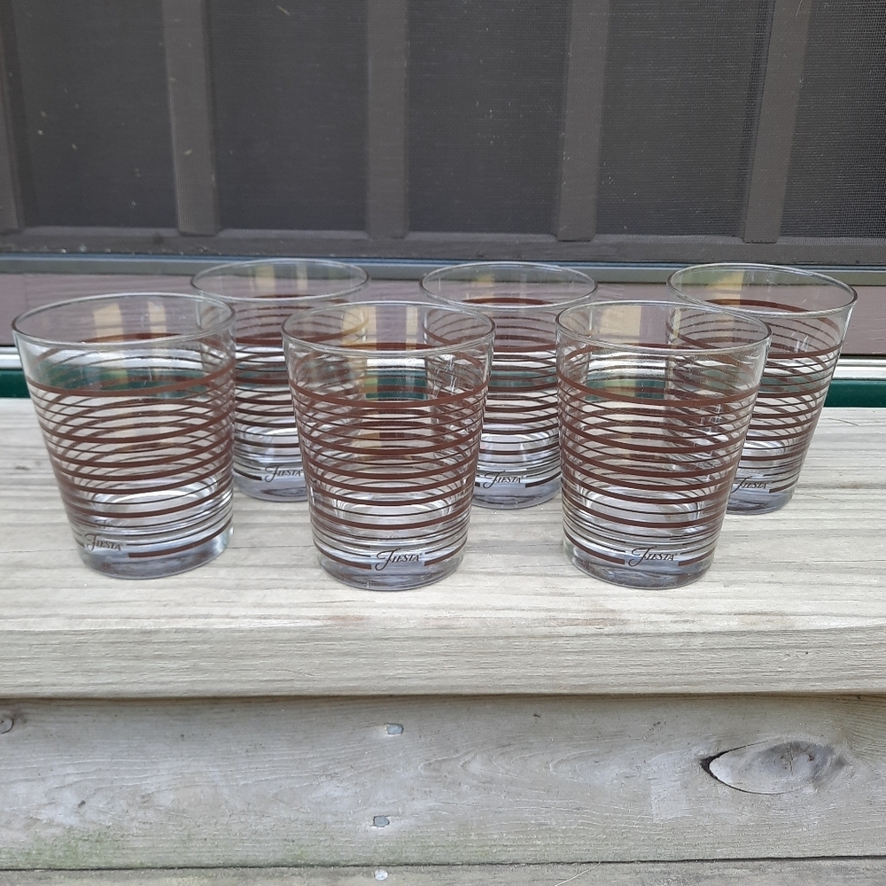 Vintage Fiestaware Fiesta Brown Striped Thick Glass Drinking Whiskey Glasses 6pc